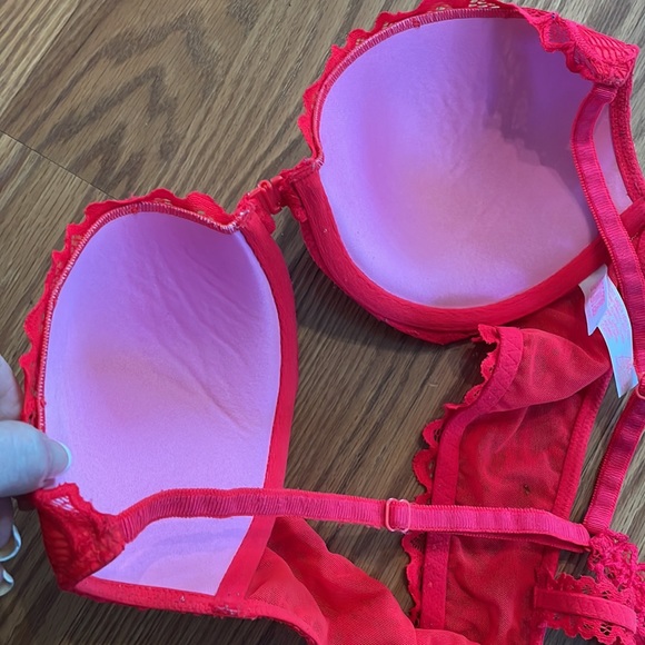 Victoria's Secret PINK Red Pink Racerback Front Hook Lace Push Up Bra Size 34C - Picture 6 of 8